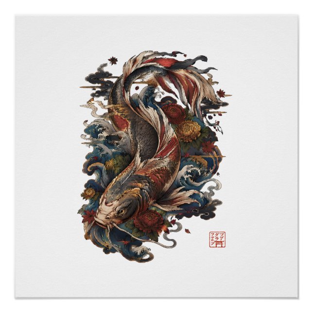 Póster Pez Koi Japonés | Tatuaje Japonés Tradicional (Anverso)