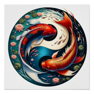 Póster Pez Koi Japonés Yin Yang
