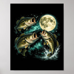 Póster Pez lubina aullando a la luna pescador vintage