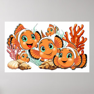 Póster Pez payaso Dibujo animado lindo Familia Bajo el ag