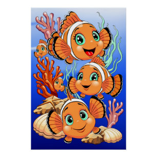 Póster Pez payaso Dibujo animado lindo Familia Bajo el ag