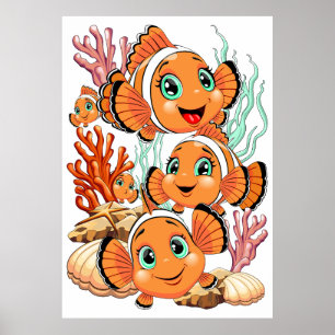 Póster Pez payaso Dibujo animado lindo Familia Bajo el ag
