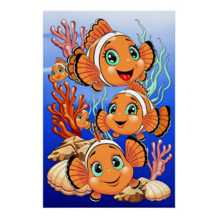 Póster Pez payaso Dibujo animado lindo Familia Subacuátic