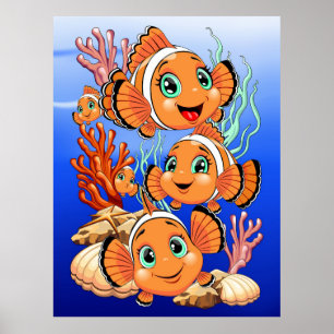 Póster Pez payaso Dibujo animado lindo Familia Subacuátic