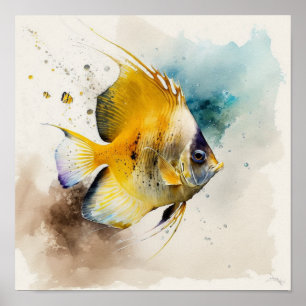 Póster Pez Tropical Dorado con Acuarela Teal Suave