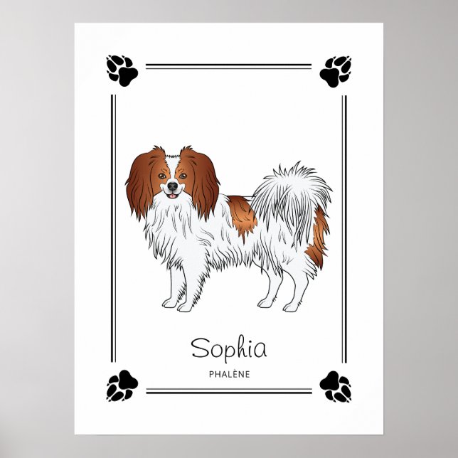 Póster Phalène Rojo Y Blanco Y Nombre De Perro Personaliz (Frente)