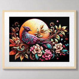 Póster Pheasant Floral asiático de dibujo pastoral