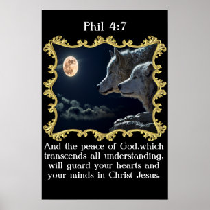 Póster Phil 4:7 Lobos mirando a la luna llena.