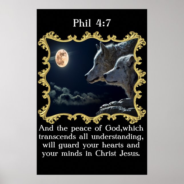 Póster Phil 4:7 Lobos mirando a la luna llena. (Frente)