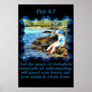 Póster Phil 4:7 Niño pescando en el río.
