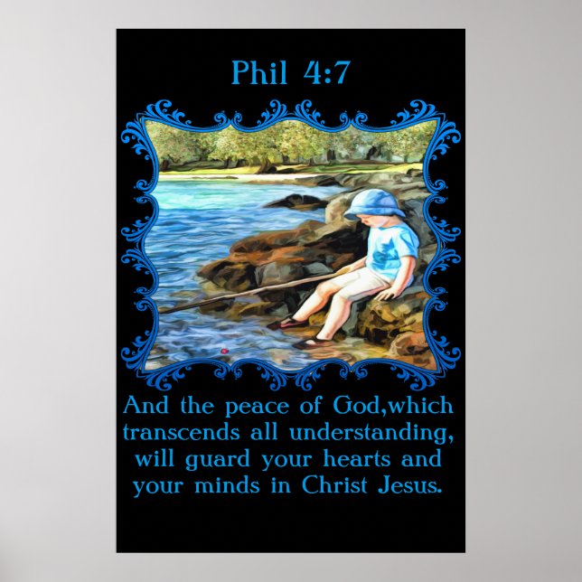 Póster Phil 4:7 Niño pescando en el río. (Frente)