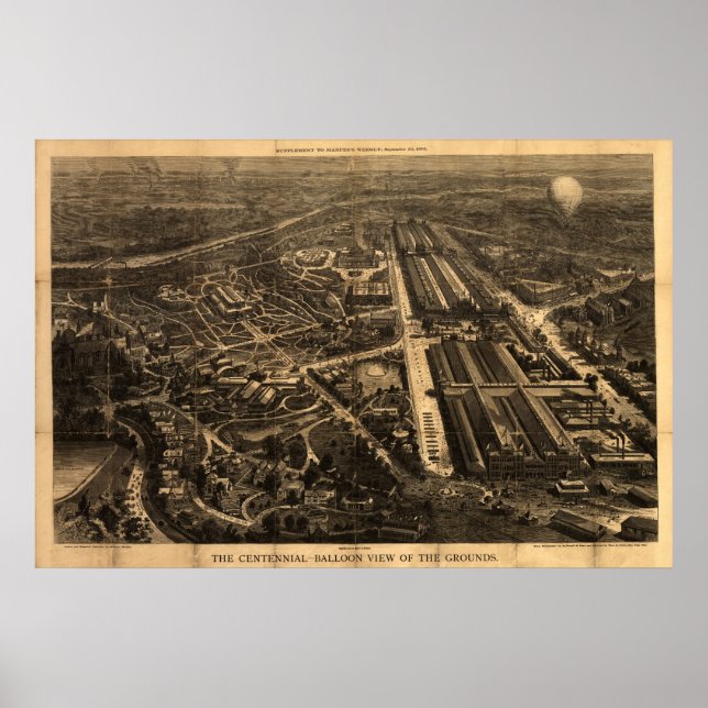 Póster Philadelphia 1876, PA BALLOON View Panoramic Map (Frente)