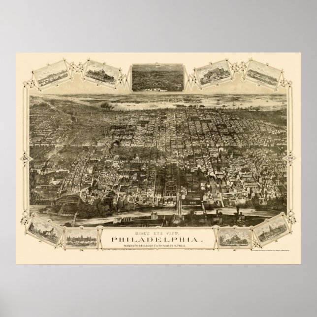 Póster Philadelphia, PA Panoramic Map - 1876 (Frente)
