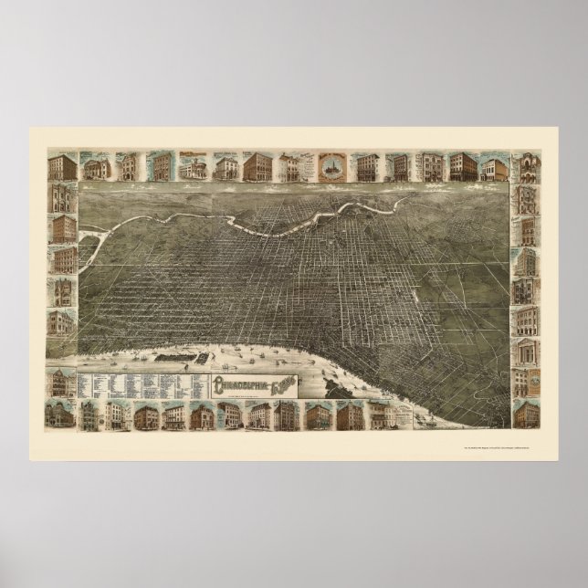 Póster Philadelphia, PA Panoramic Map - 1886 (Frente)