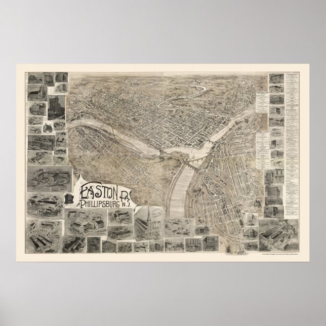 Póster Phillipsburg, NJ & Easton, Mapa Panorámico de la P (Frente)