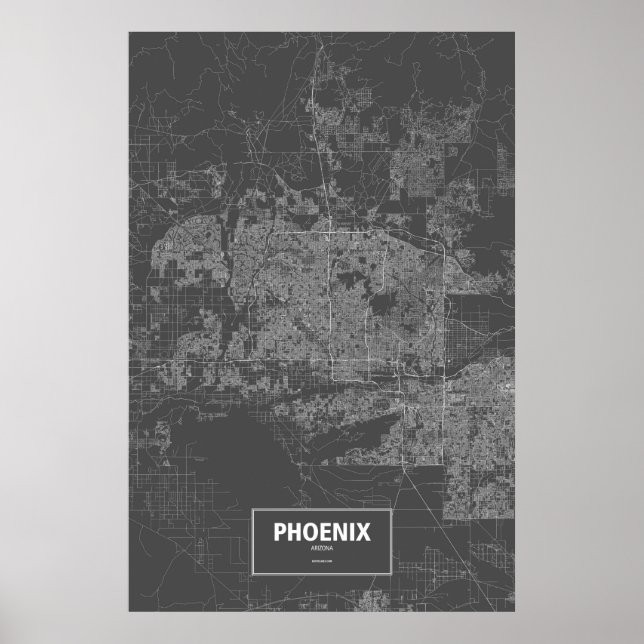 Póster Phoenix, Arizona (blanco sobre negro) (Frente)