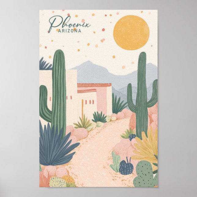 Póster Phoenix Arizona Gouache Paint Ilustracion Travel (Frente)