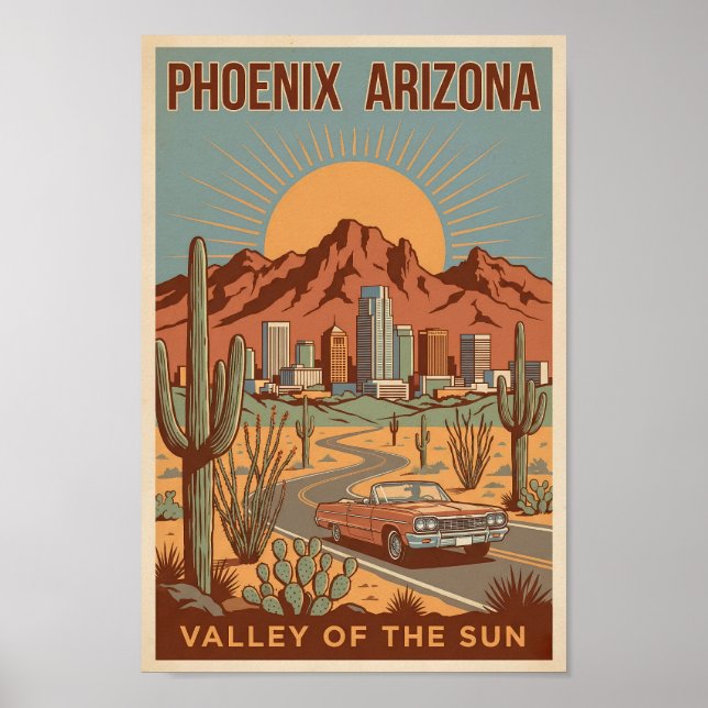 Póster Phoenix Arizona Sun Illustration Travel Art Retro (Frente)