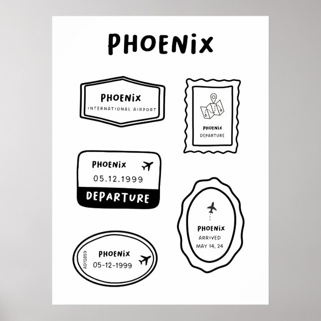 Póster Phoenix - Colección de sellos de viaje | Minimalis (Frente)