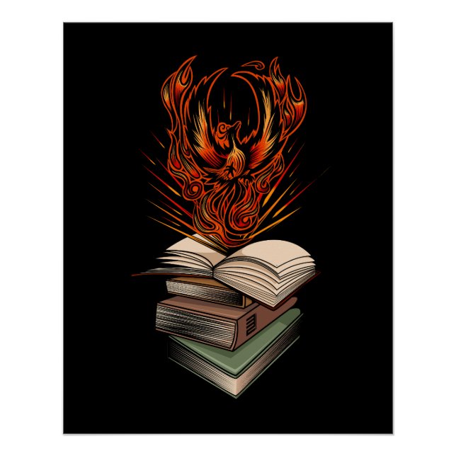 Póster Phoenix Rising From Books Flames Fantasy Magical (Anverso)