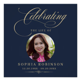 Póster Photo Elegant Blue Gold Script Funeral Memorial 