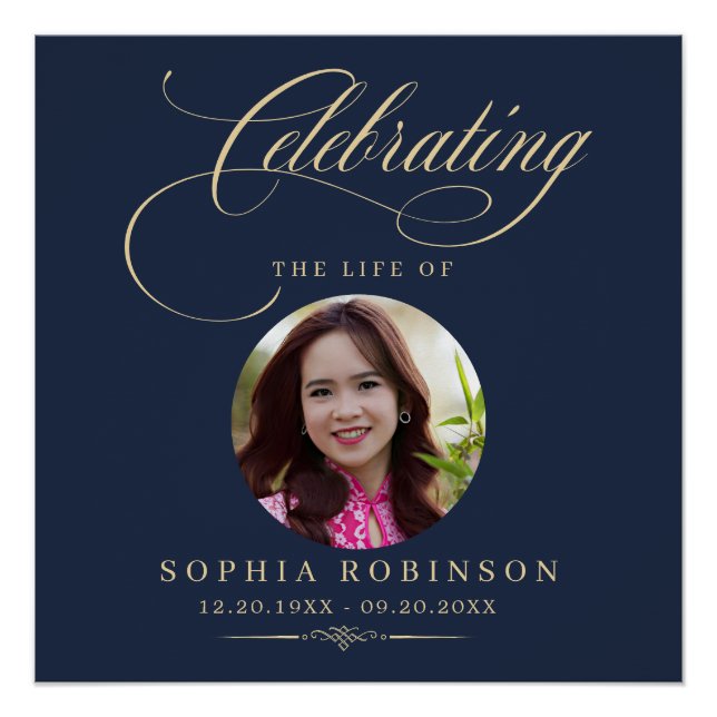 Póster Photo Elegant Blue Gold Script Funeral Memorial  (Anverso)