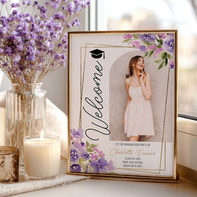 Póster Photo Floral Boho purple gold script graduation (Photo Floral Boho purple gold script graduation Poster)
