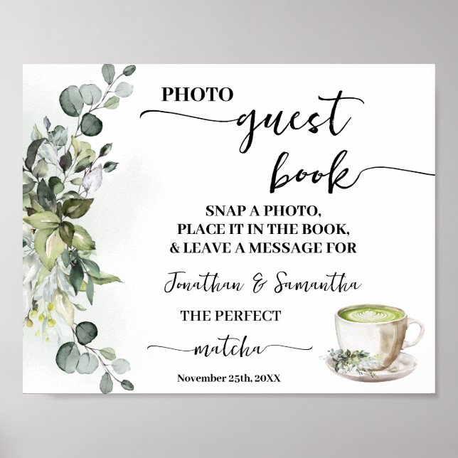 Póster Photo Guest Book Wedding Bridal Greenery Matcha (Frente)