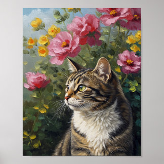 Póster Photoreal Cat & Flowers | Oil-Impressionist Art