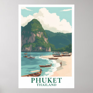 Póster Phuket Tailandia Viaje Antiguo Barco de Cola Larga