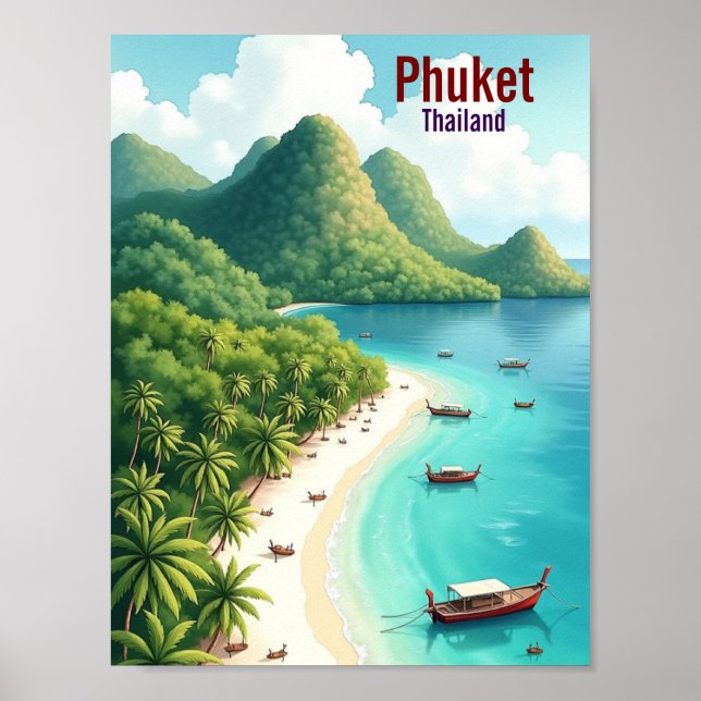 Póster Phuket Tailandia Viaje Artístico acuarela (Frente)