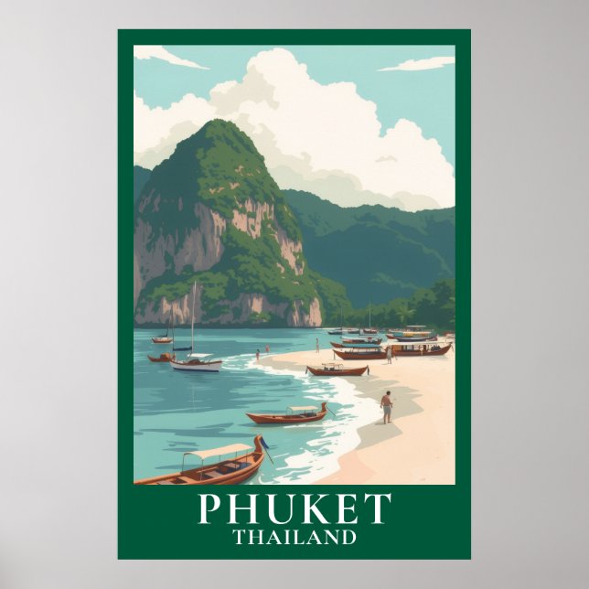 Póster Phuket Thailand Vintage Travel Longtail Boat Beach (Frente)