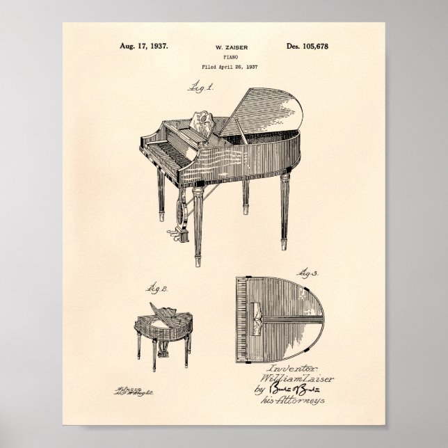 Póster Piano 1937 Patent Art Old Peper (Frente)