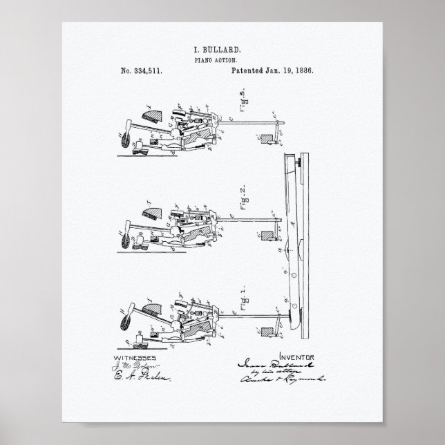 Póster Piano Action 1886 Patent Art White Paper (Frente)
