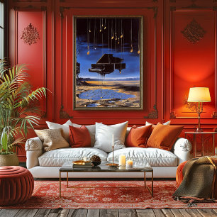 Póster Piano flotante surrealista con notas musicales