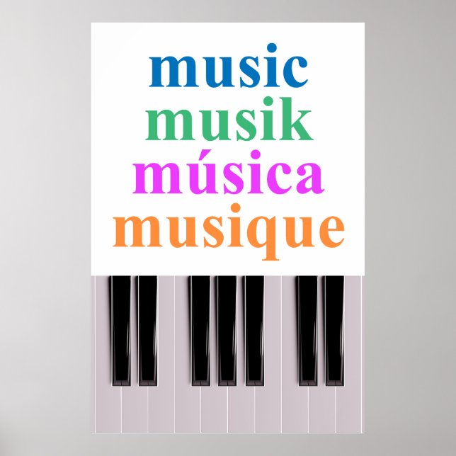 Póster Piano Keyboard Music Text en varios idiomas (Frente)