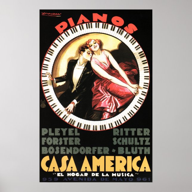 Póster PIANOS CASA AMERICA 1930 Teatro de época musical (Frente)