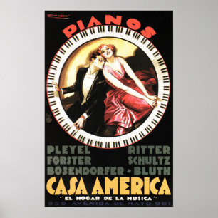 Póster PIANOS CASA AMERICA 1930 Teatro Vintage Musical