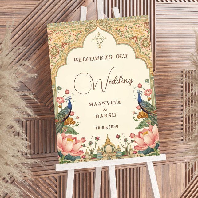 Póster Pichwai Indian Lotus Peacock Wedding Welcome Sign (Subido por el creador)