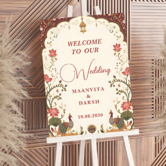 Póster Pichwai Indian Lotus Peacock Wedding Welcome Sign