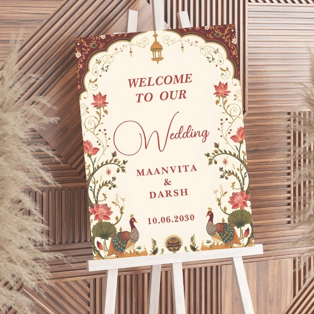 Póster Pichwai Indian Lotus Peacock Wedding Welcome Sign (Subido por el creador)