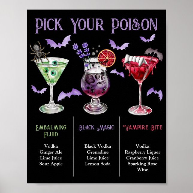 Póster Pick Your Poison Halloween 3 Cocktail Menu  (Frente)