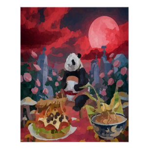 Póster picnic de panda color agua con ramen de saltamonte