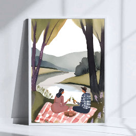 Póster Pícnic junto al lago | Pintura de acuarela de la n