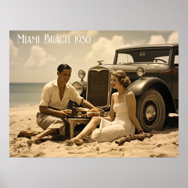 Póster Picnic retro de los años 1930 en la playa a orilla (Frente)