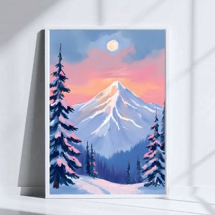 Póster Picos de invierno susurrantes cielo rosa pastel de