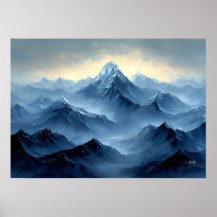 Póster Picos de Montañas Azules Pacíficos en estilo Abstr