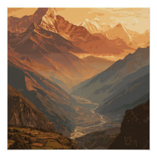 Póster Picos enormes de montañas nepalíes escénicos vinta