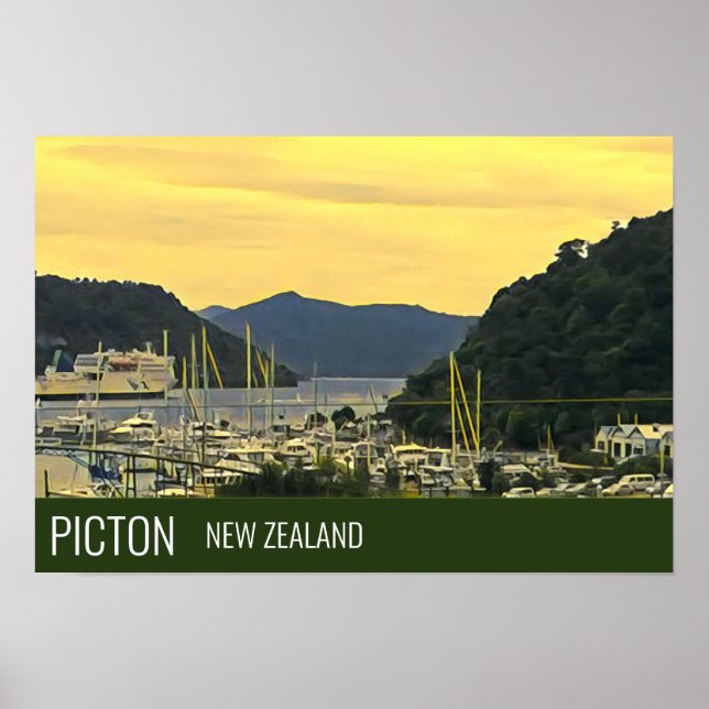 Póster Picton New Zealand Marlborough Sounds travel print (Frente)