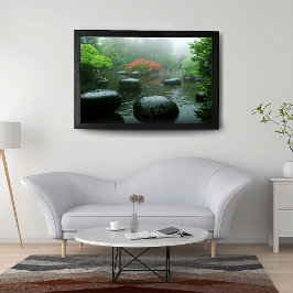 Póster Piedras negras en el jardín lluvioso Zen con flore